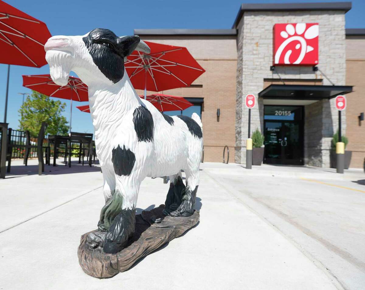 A goat statue is seen in front of Chick-fil-A Tuesday, Oct. 5, 2021, in Montgomery. The city is selling statues, poured from the same mold as the original in downtown, to help promote the city new-look logo and emphasizes the town’s goodwill toward visitors, born from the 1906 legend of Monty the Goat.
