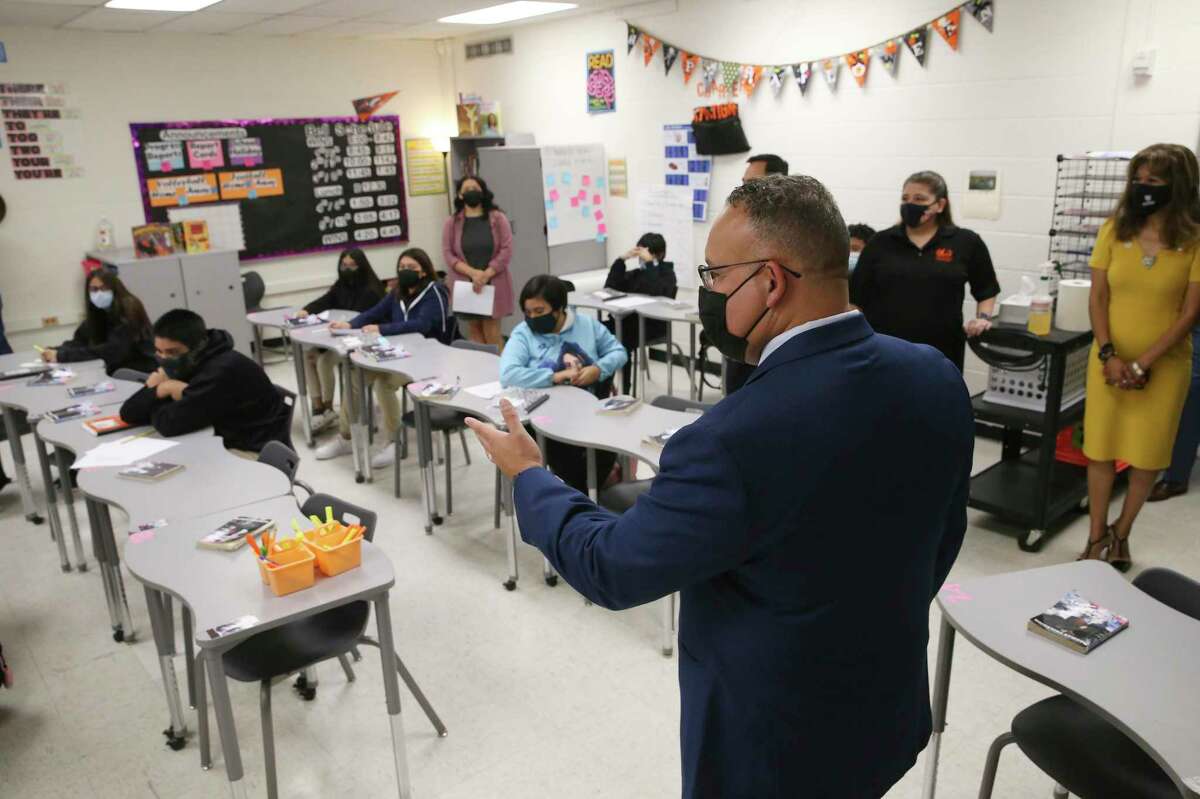 U.S. Secretary of Education Miguel Cardona visits with students in Michelle Charles’ sixth-grade class at Gus Garcia University School in Edgewood ISD, Thursday, Oct. 7, 2021. With Cardona was U.S. Rep. Joaquin Castro. Cardona visited three classrooms and met with a panel of students before holding a press conference. It was his second stop in the two-day Texas visit pushing the administration's Build Back Better campaign.
