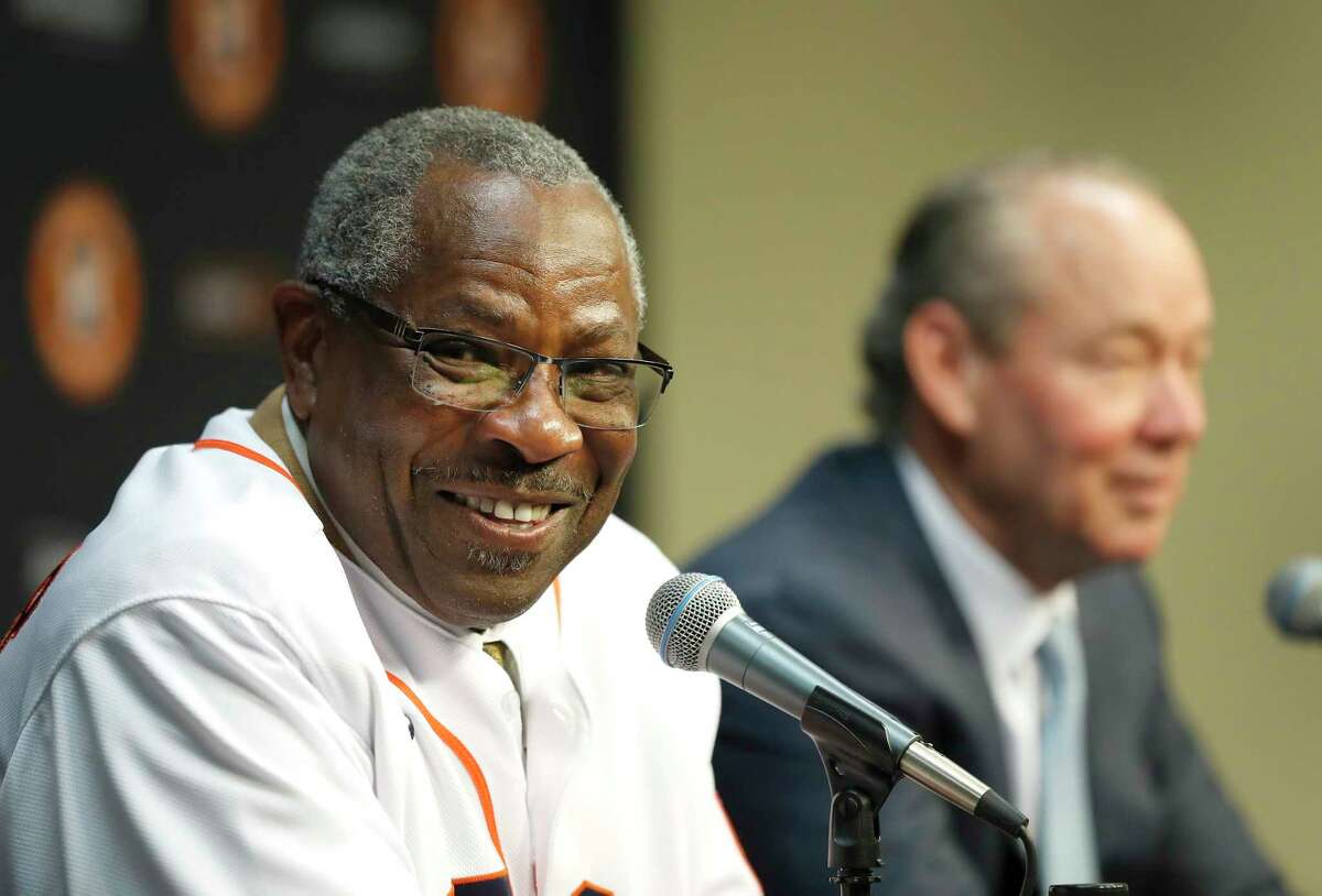 Dusty Baker laughs as he spoke to the media, after being introduced by owner Jim Crane, as the Houston Astros new manager at Minute Maid Park, in Houston, Thursday, Jan. 30, 2020.