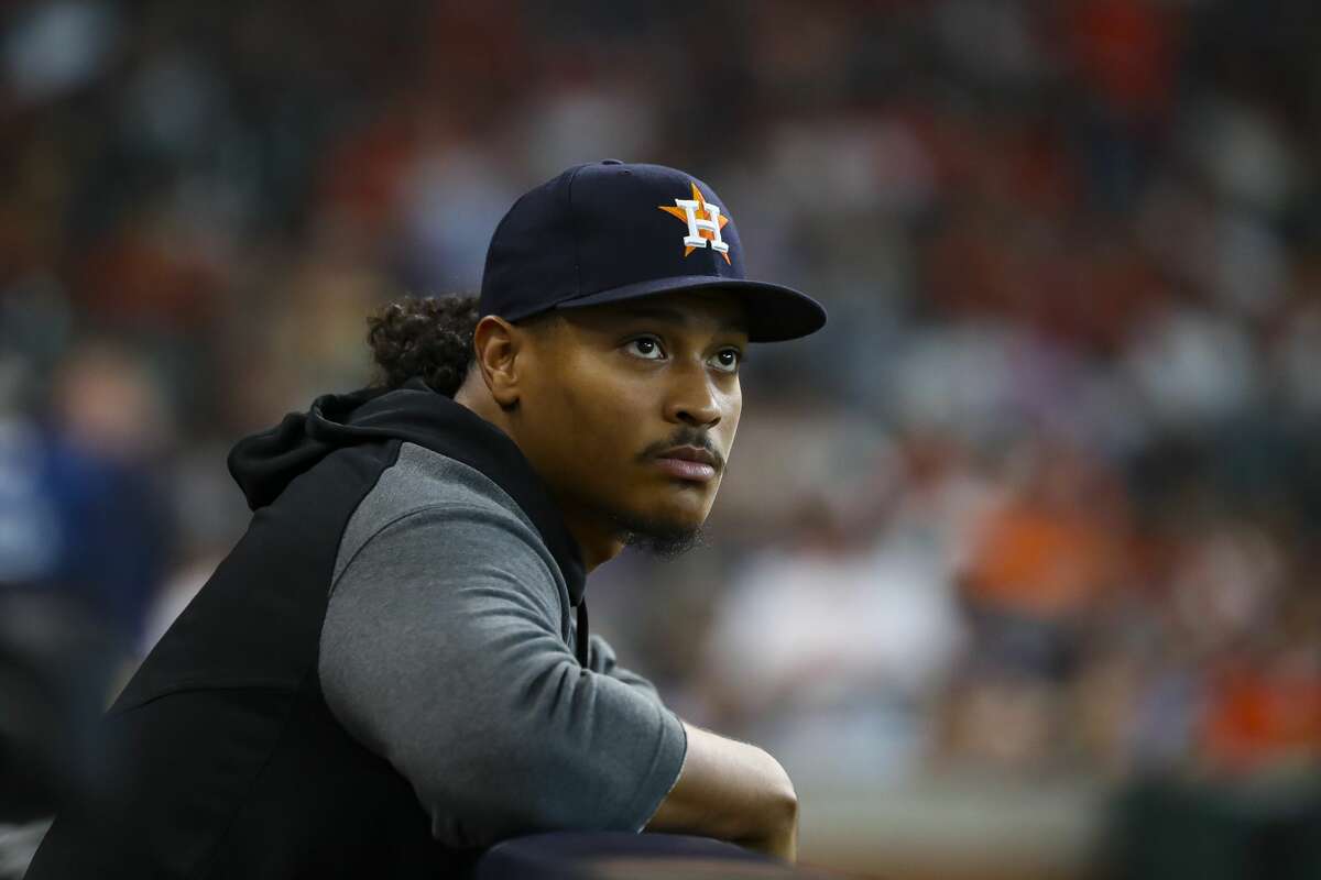 Houston Astros pitcher Luis Garcia is in the home dugout during