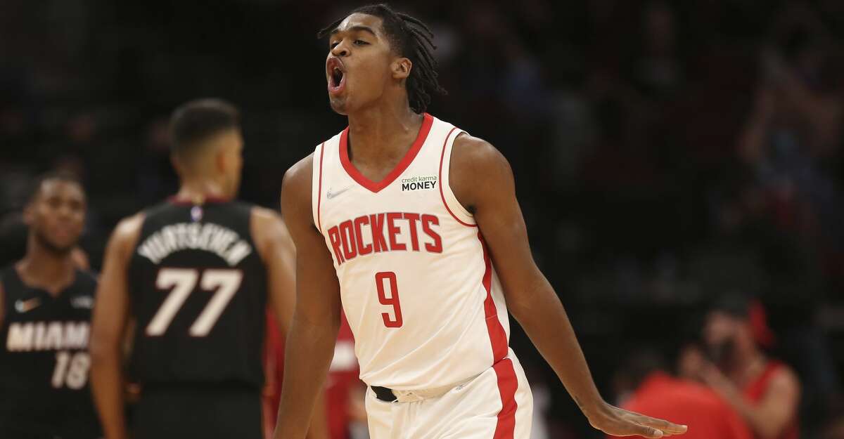 Houston Rockets guard Josh Christopher (9) celebrates his basket during the fourth quarter of a NBA preseason game against the Miami Heat Thursday, Oct. 7, 2021, at Toyota Center in Houston. The Rockets lost to the Heat 106-113.