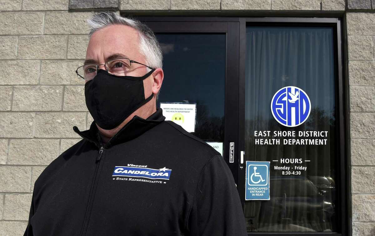 State Rep. Vincent Candelora is photographed in front of the East Shore District Health Department in Branford on Feb. 4.