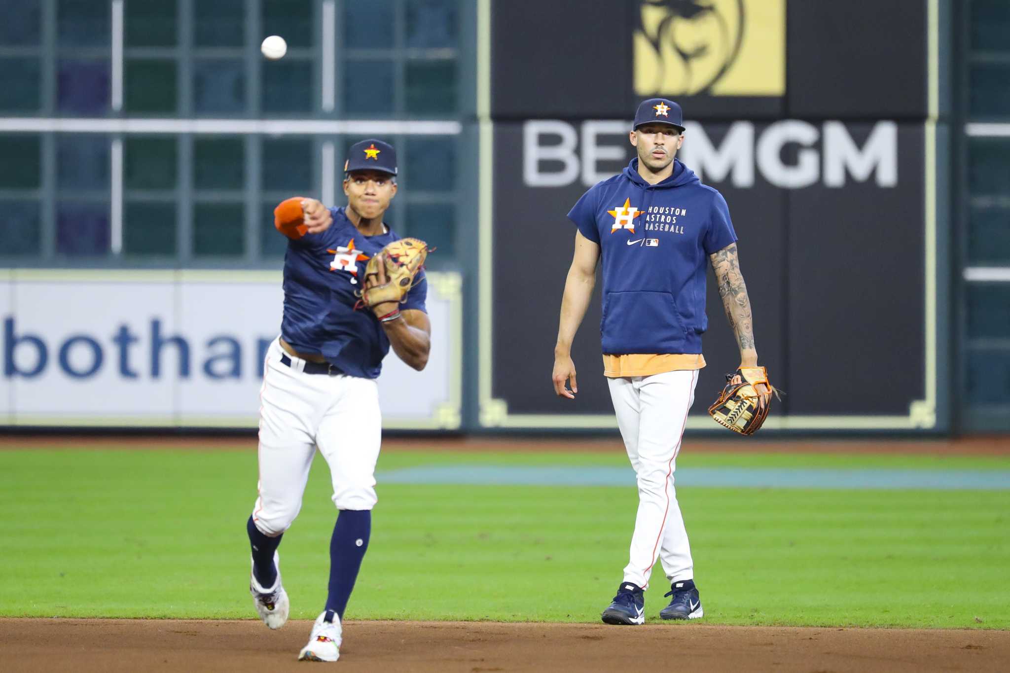 Jeremy Pena of the Houston Astros takes infield practice before