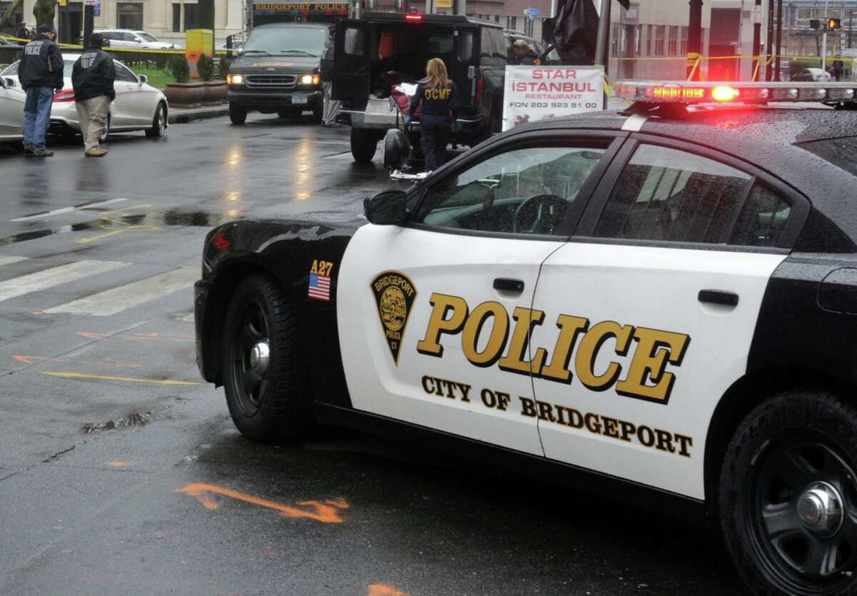 A file photo of a Bridgeport, Conn., police cruiser at a crime scene.