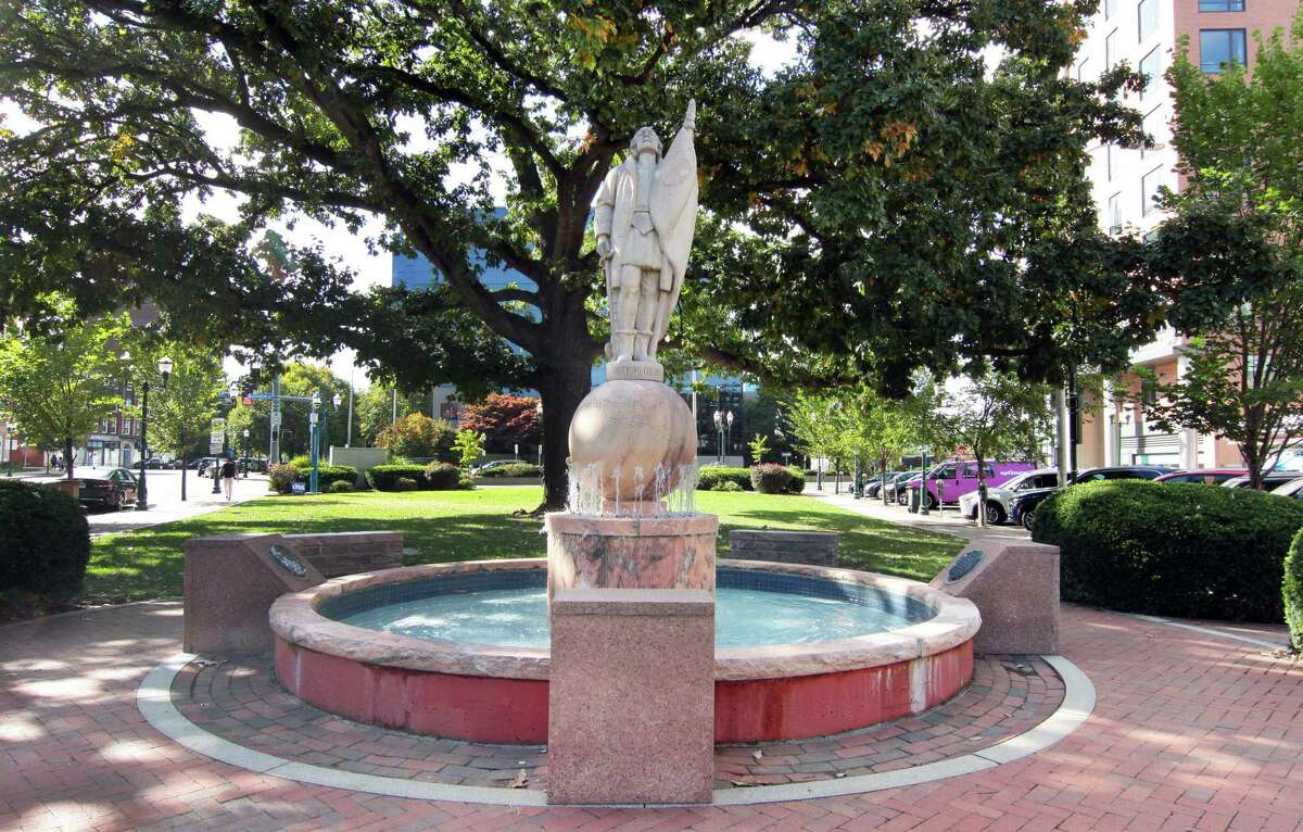 A view of the Christopher Columbus statue at Columbus Park in Stamford, Conn., on Thursday October 7, 2021. A local Italian organization is planning a small event at the statue on Columbus Day, but the city is still not sure if it will be removed or not.