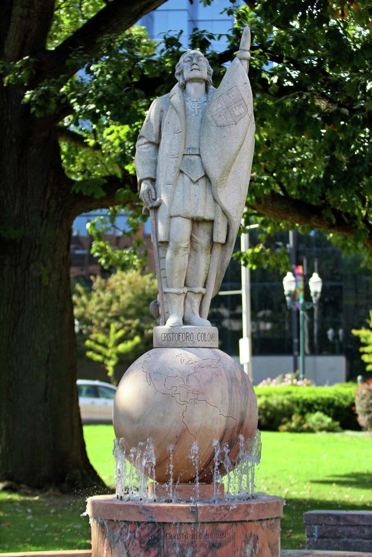 A view of the Christopher Columbus statue at Columbus Park in Stamford, Conn., on Thursday October 7, 2021. A local Italian organization is planning a small event at the statue on Columbus Day, but the city is still not sure if it will be removed or not.