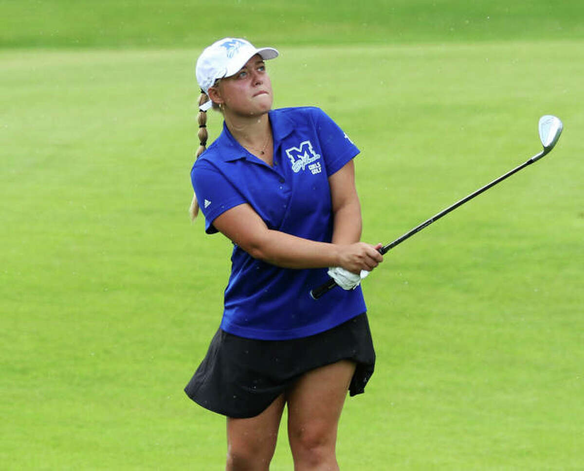 Marquette’s Audrey Cain watches her shot to the ninth green during the Blast Off Tourney at Spencer T. Olin in Alton on Aug. 21. On Friday in the Class 1A state tournament, Cain shot 75 at the Class 1A state tournament at Red Tail Run in Decatur.