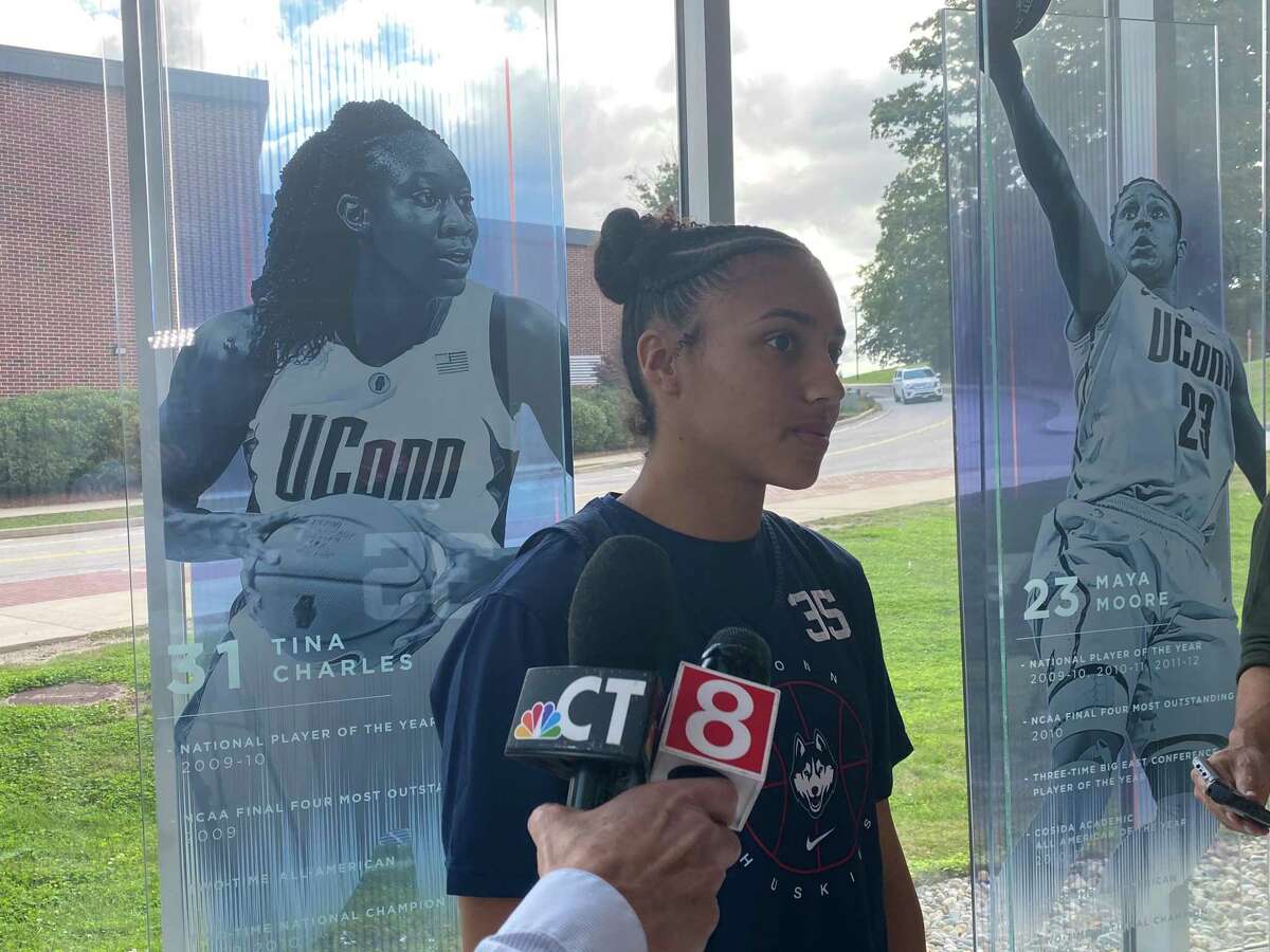 Freshman Azzi Fudd meets the media after UConn held its first practice Friday.