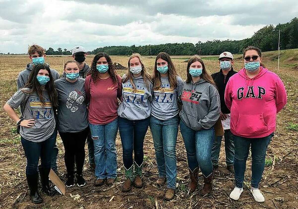 Members of the Virginia FFA Land Use (Soils) Career Development Event team recently competed in the Section 12 Land Use (Soils) Career Development event, placing sixth overall. The competition involves agricultural land-use practices and students evaluating soil pits to determine soil properties. The team includes Izzy Garner (front row, from left), Mia Minor, Kylie Stock, Devin Cave, Emma Lyons, Natalie Force, Delaney Turner, Evan Bell (back row, from left), Steven Reynolds and Jack Cox.