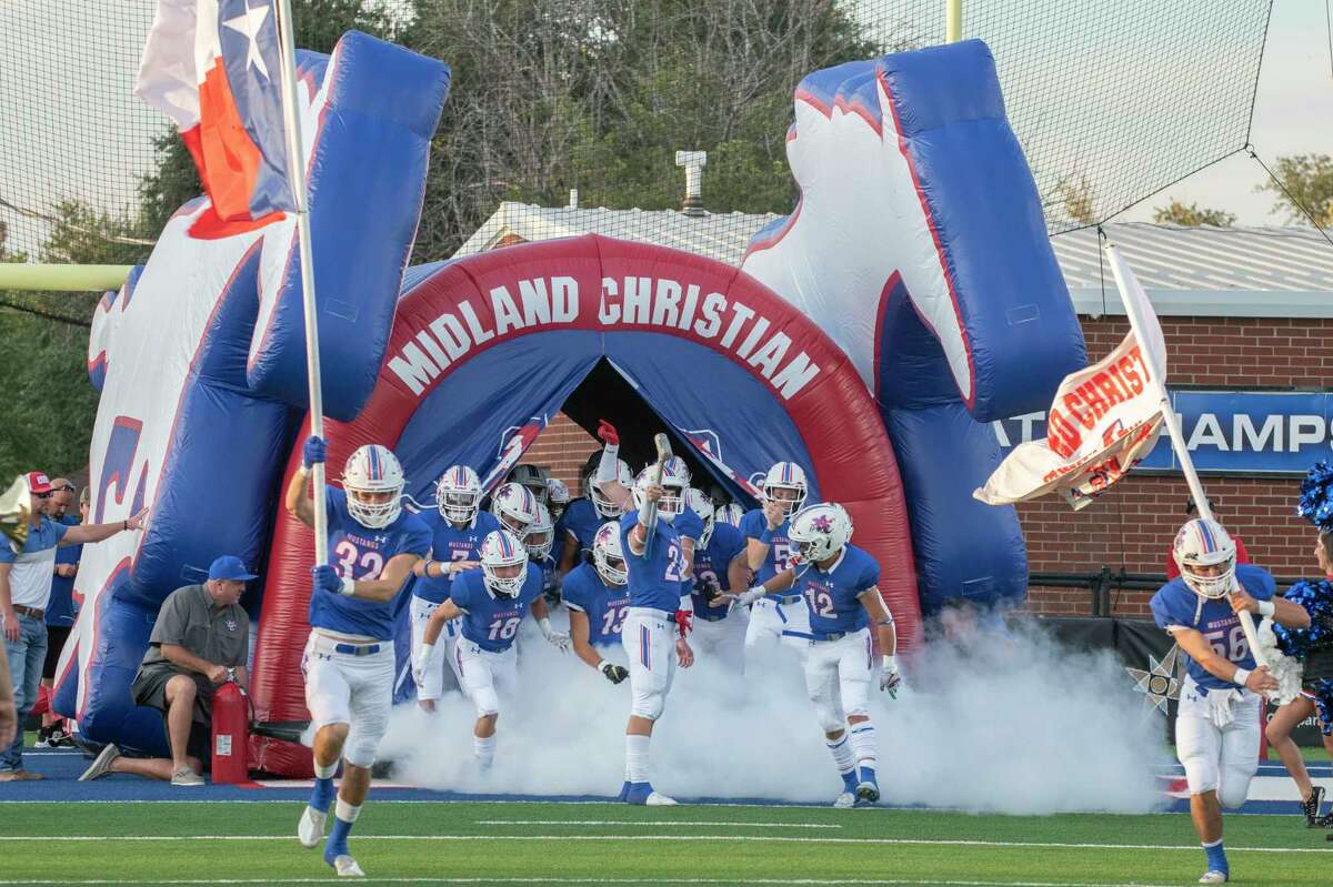 Midland Christian players take the field 10/08/2021 at Gorgon Awtry Field as they battle Liberty Christian. Tim Fischer/Reporter-Telegram