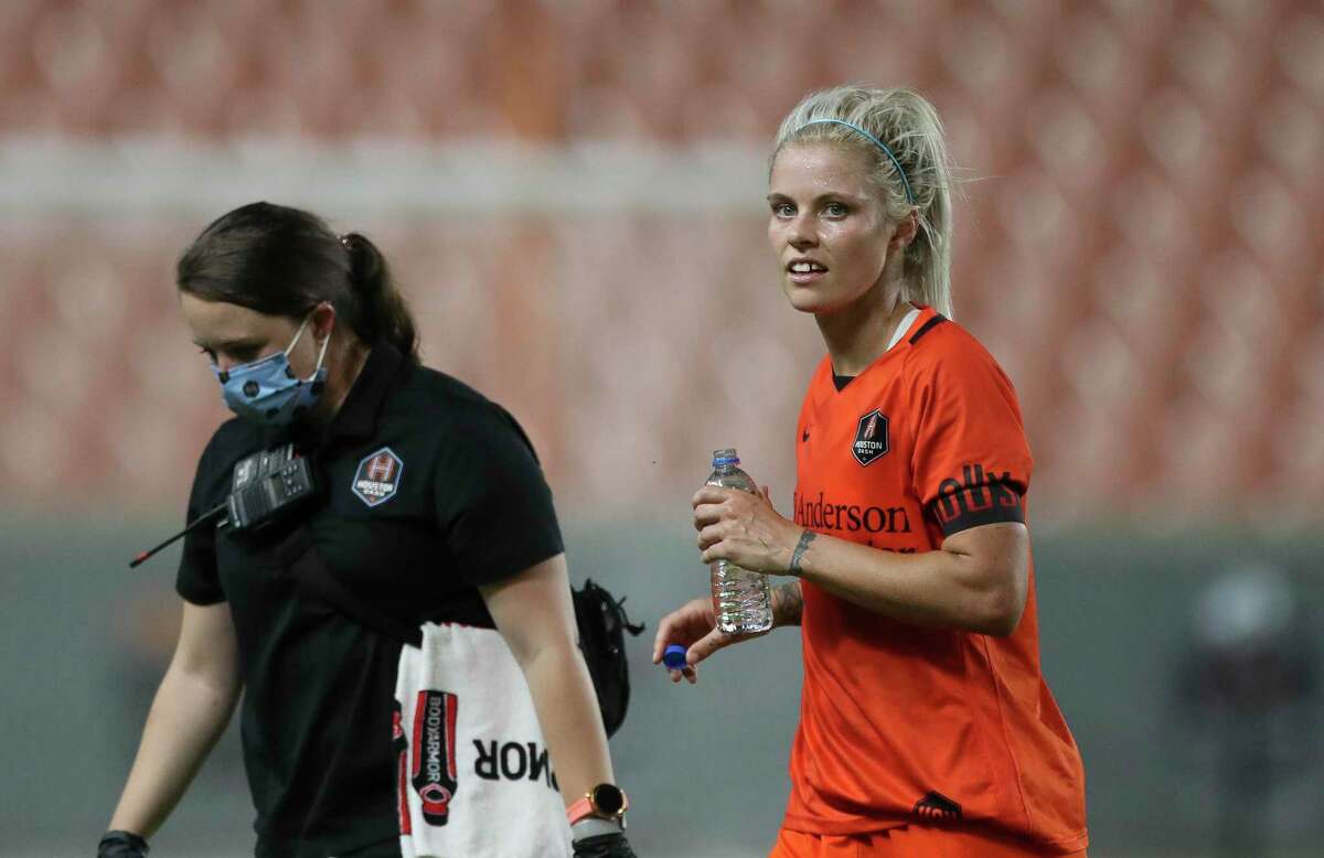 Houston Dash forward Rachel Daly (3) gets up after having a collision with a Racing Louisville FC player during the second half of the NWSL match Sunday, Aug. 29, 2021, at BBVA Stadium in Houston. Houston Dash defeated Racing Louisville FC 1-0.
