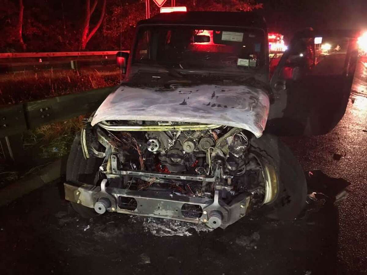 A Jeep Wrangler caught on fire early Sunday morning and was involved in a five-car accident, authorities said.