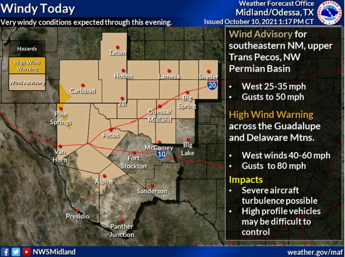 Strong, gusty winds will impact the Guadalupe and Delaware Mountains tomorrow afternoon. Expect westerly sustained winds of 40-60 mph with gusts up to 80 mph. Very windy conditions are expected across many other low lying locations with sustained winds of 25-35 mph with gusts to 50 mph. A High Wind Warning and Wind Advisory will be in effect from 6AM MDT/7AM CDT to 9PM MDT/10PM CDT Sunday.