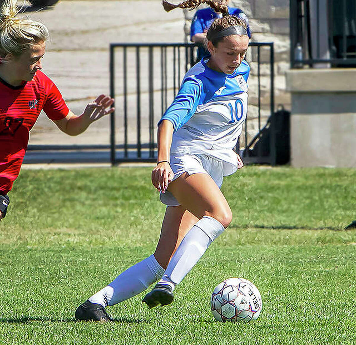 Grace Osvath of Lewis and Clark Community College (10) scored four goals in the Trailblazers’ 11-0 victory at Kankakee College Sunday.