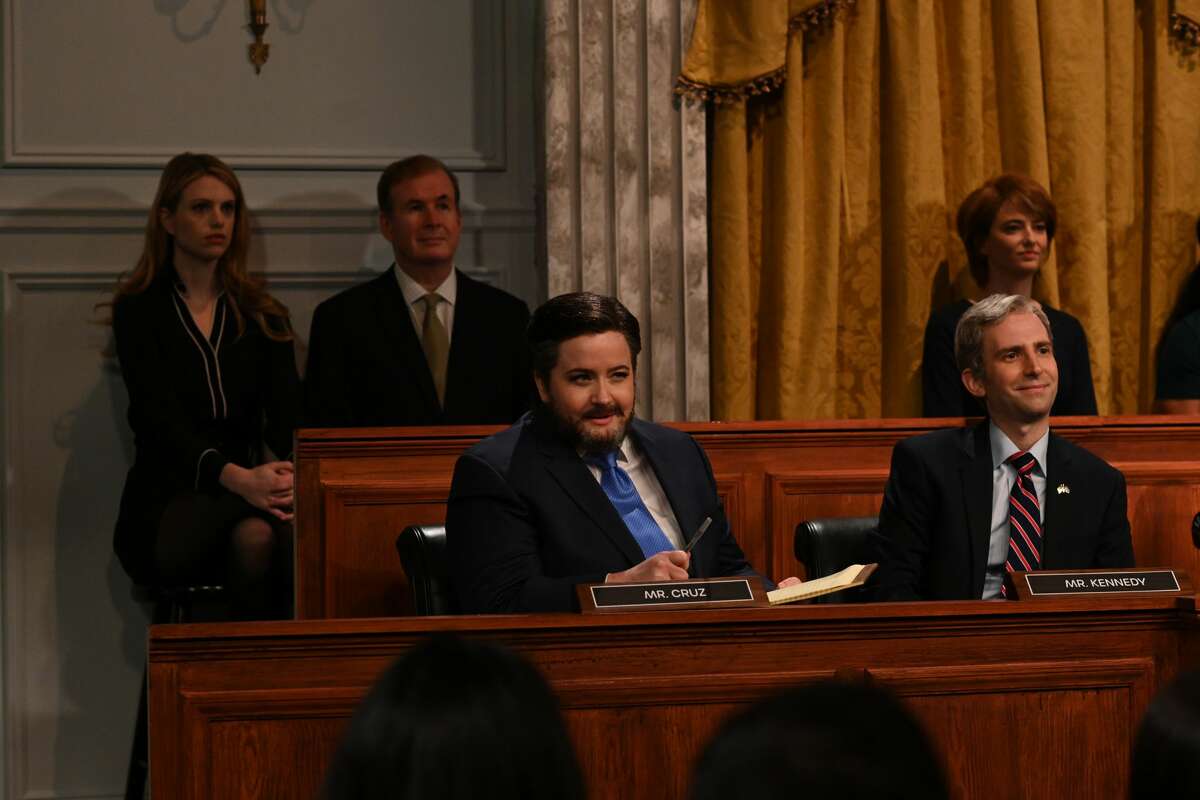 SATURDAY NIGHT LIVE -- "Kim Kardashian West" Episode 1807 -- Pictured: (l-r) Aidy Bryant as Senator Ted Cruz and Kyle Mooney as Senator John Kennedy during the "Facebook Hearings" Cold Open on Saturday, October 9, 2021 -- (Photo By: Rosalind O'Connor/NBC/NBCU Photo Bank via Getty Images)