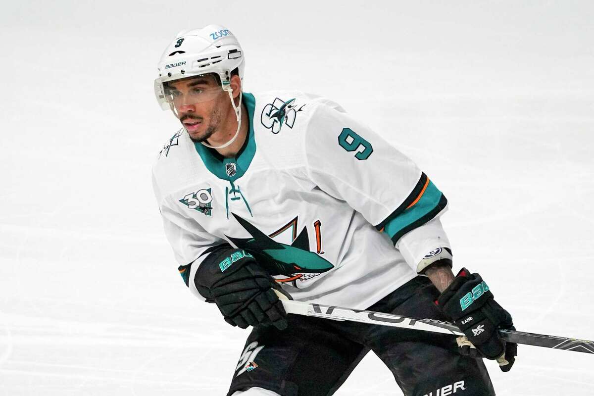 FILE - In this April 2, 2021, file photo, San Jose Sharks left wing Evander Kane skates during the third period of an NHL hockey game against the Los Angeles Kings in Los Angeles. (AP Photo/Mark J. Terrill, File)