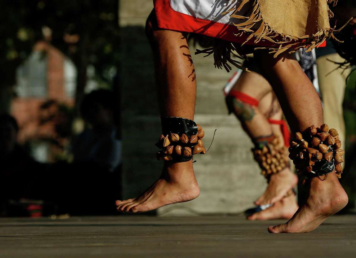 Members of Calmecac Tonantzin Yolilitzyotl performed a Mexicayotl dance at Buffalo Bayou Park for Indigenous People's Day, on Monday, Oct. 11, 2021, in Houston.