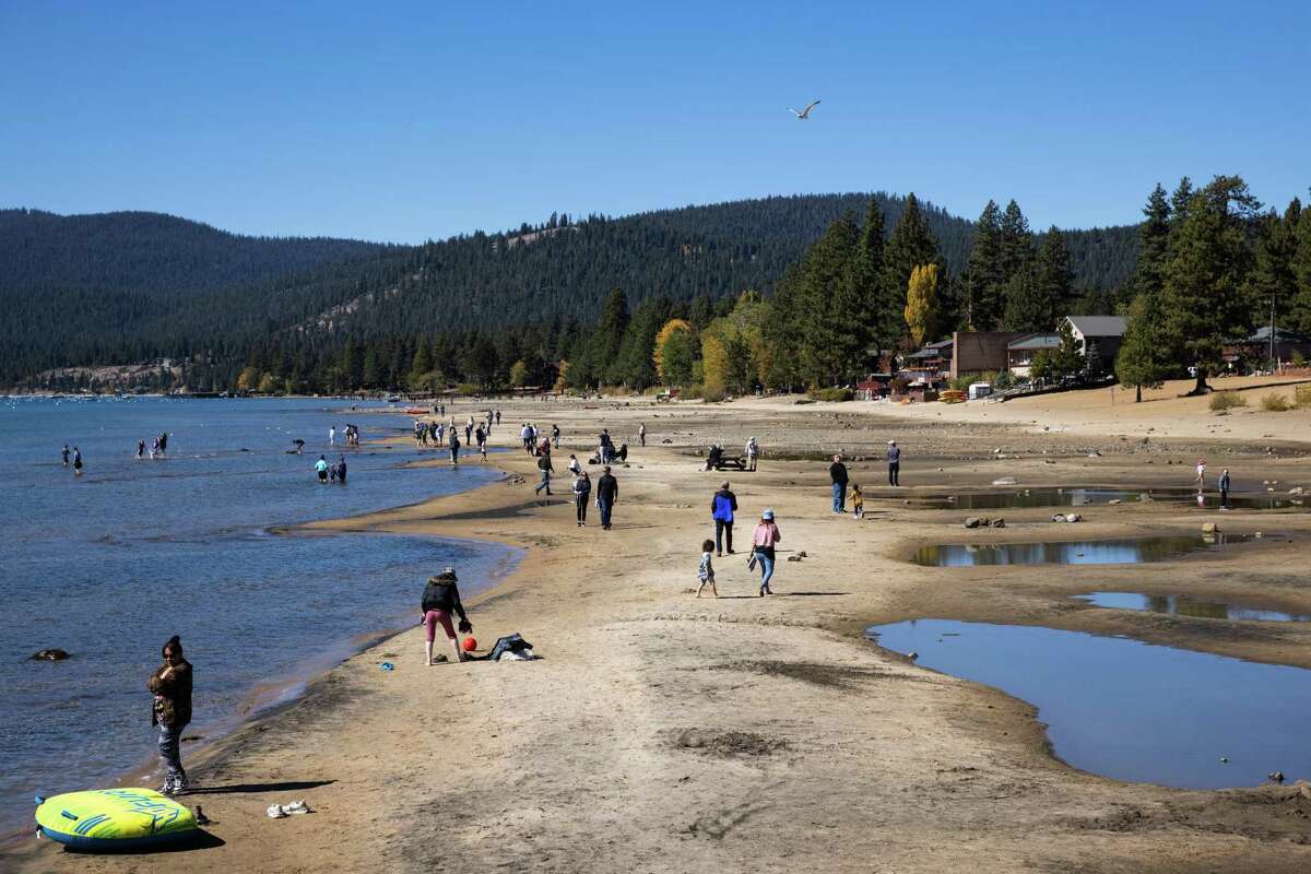 The lakebed is exposed at Kings Beach on Sunday - the water level is so low at Lake Tahoe that it in danger of becoming stagnant.