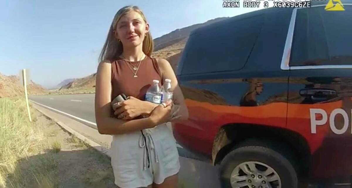 This police camera video provided by the Moab Police Department shows Gabrielle "Gabby" Petito talking to a police officer after police pulled over the van she was traveling in near the entrance to Arches National Park on Aug. 12.