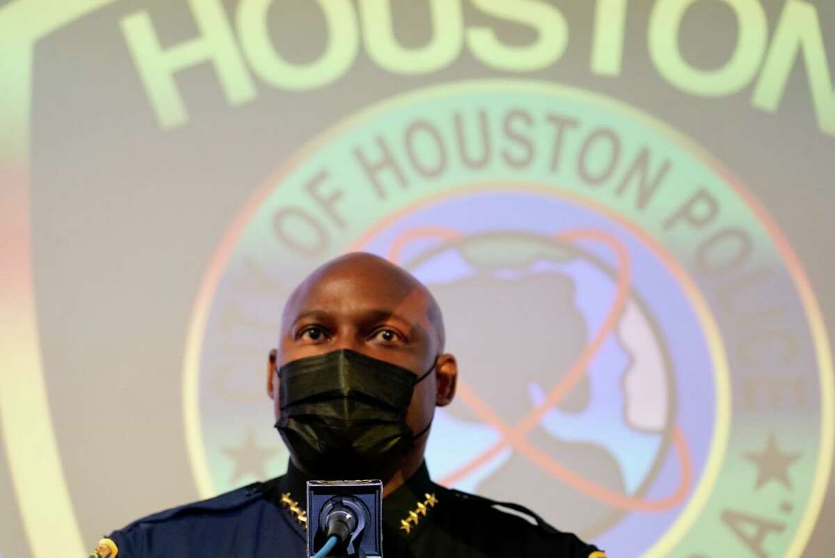 Chief Troy Finner speaks before showing the body-worn camera footage from the fatal shooting on Sept. 20 of officer William Jeffrey, during a media briefing at the Houston Police Department headquarters in downtown Houston, Oct. 12, 2021.