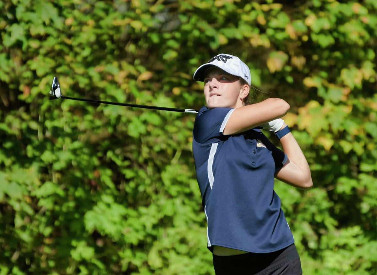 Kennedy Swedick of Albany Academy for Girls hits a tee shot on the 14th hole during the final round of the Section II girls' golf sectionals at McGregor Links Country Club on Tuesday, Oct. 12, 2021, in Wilton, N.Y. Swedick shot 66 to win and was named athlete of the week for her efforts.