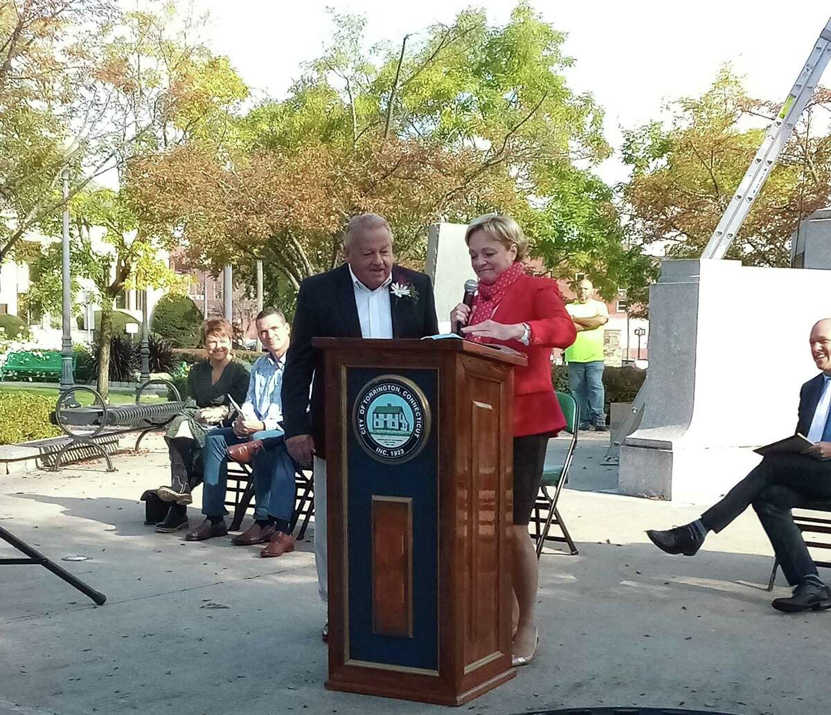 Arthur “Art” Mattiello, left, was honored Tuesday morning at Coe Memorial Park as Torrington's 2021 Italian Mayor of the Day, an award presented by Torrington UNICO members, Mayor Elinor Carbone, right, and other officials. This year's event is set for Oct. 12 at the Coe Memorial Park Civic Center at 9 a.m., honoring Victor Muschell. 