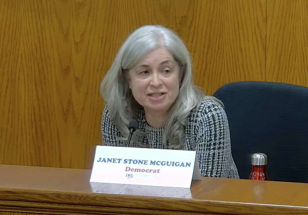 Democratic challenger Janet Stone McGuigan takes part in the Board of Selectmen debate against Republican incumbent Selectwoman Lauren Rabin on Tuesday night at Town Hall and via Zoom.