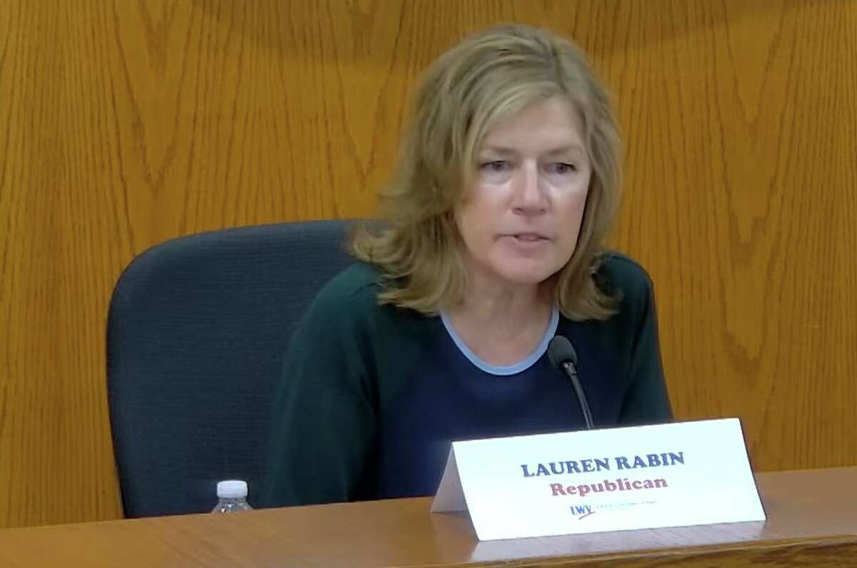 Republican incumbent Selectwoman Lauren Rabin takes part in the Board of Selectmen debate against Democratic challenger Janet Stone McGuigan on Tuesday night at Town Hall and via Zoom.