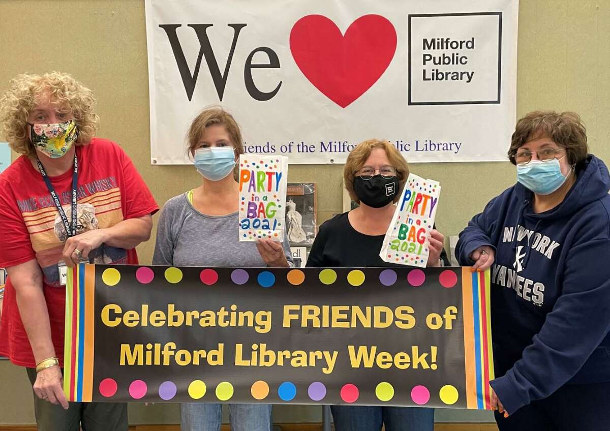 The Friends of the Milford Library, FOML, group is participating in the sixteenth annual National Friends of the Library Week. The week is from Sunday, Oct. 17, through Saturday, Oct. 23, with a fun, free giveaway for people, who are "friends" of the library. The Friends of Milford Library's annual fundraising event, "Party in the Stacks," will not be held again in 2021, due to public health concerns amid the coronavirus pandemic. As the alternative, and for the second year, the non-profit organization, will offer a "Party in a Bag." People are previously shown with the "Party in a Bag," bags.