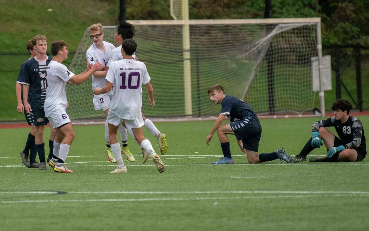 Voorheesville celebrates a goal during the Colonial Council tournament boys' soccer game against Cohoes on Wednesday, Oct, 13, 2021 in Troy, N.Y.