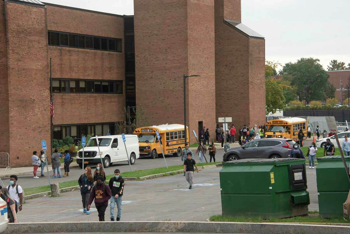 Albany High School students are seen leaving for the day on Wednesday, Oct, 13, 2021 in Albany, N.Y.