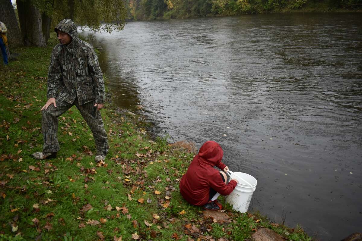 On Oct. 14, students from Big Rapids Middle School helped Harrietta Hills Trout Farm release young fish into the Muskegon River using buckets.