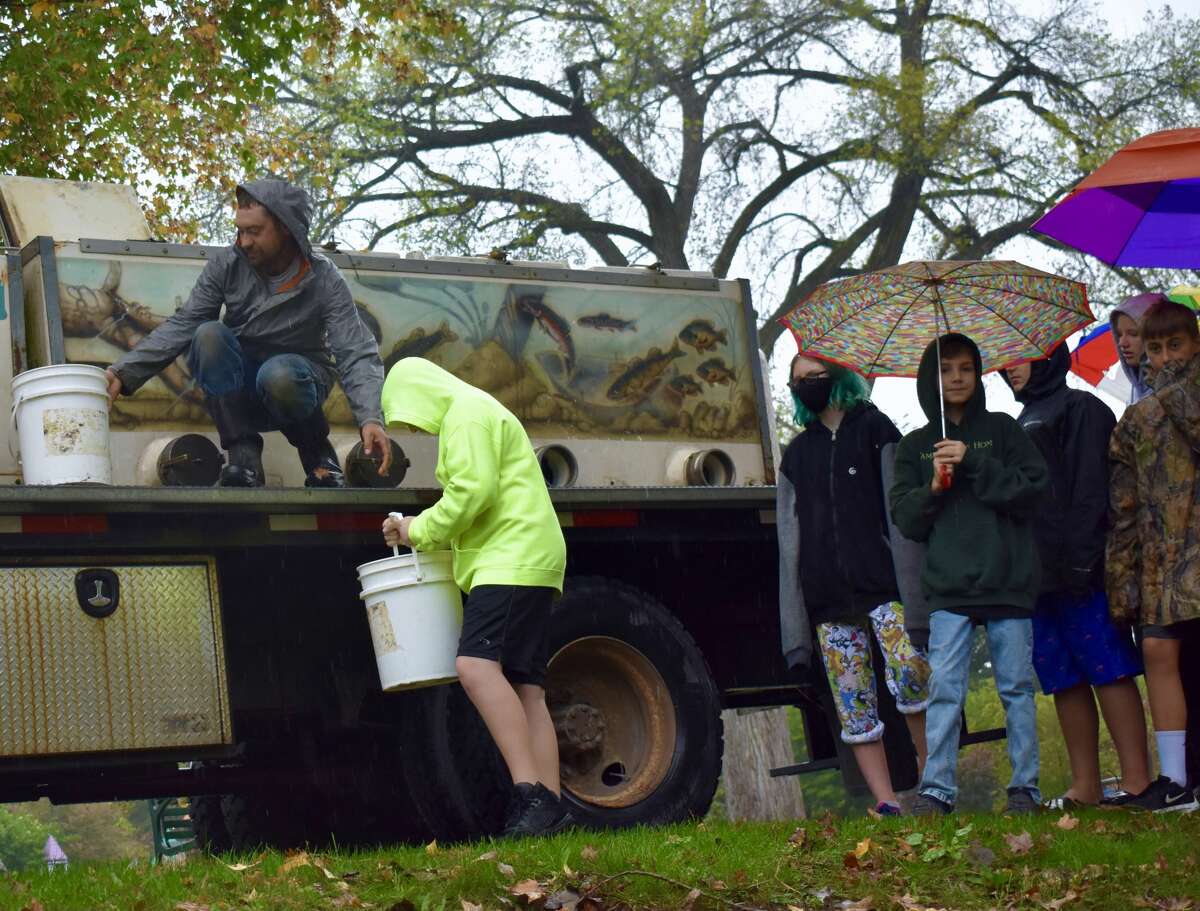 On Oct. 14, students from Big Rapids Middle School helped Harrietta Hills Trout Farm release young fish into the Muskegon River using buckets.
