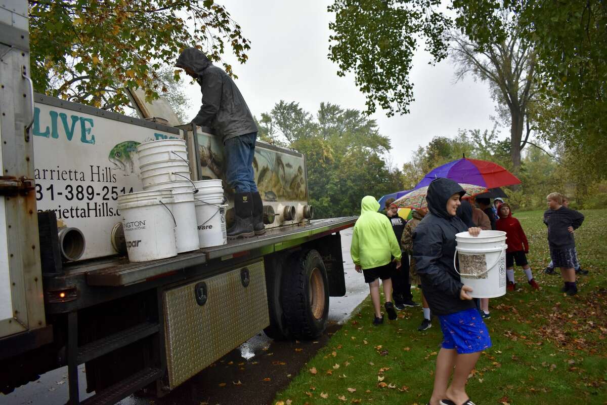 On Oct. 14, students from Big Rapids Middle School helped Harrietta Hills Trout Farm release young fish into the Muskegon River using buckets.