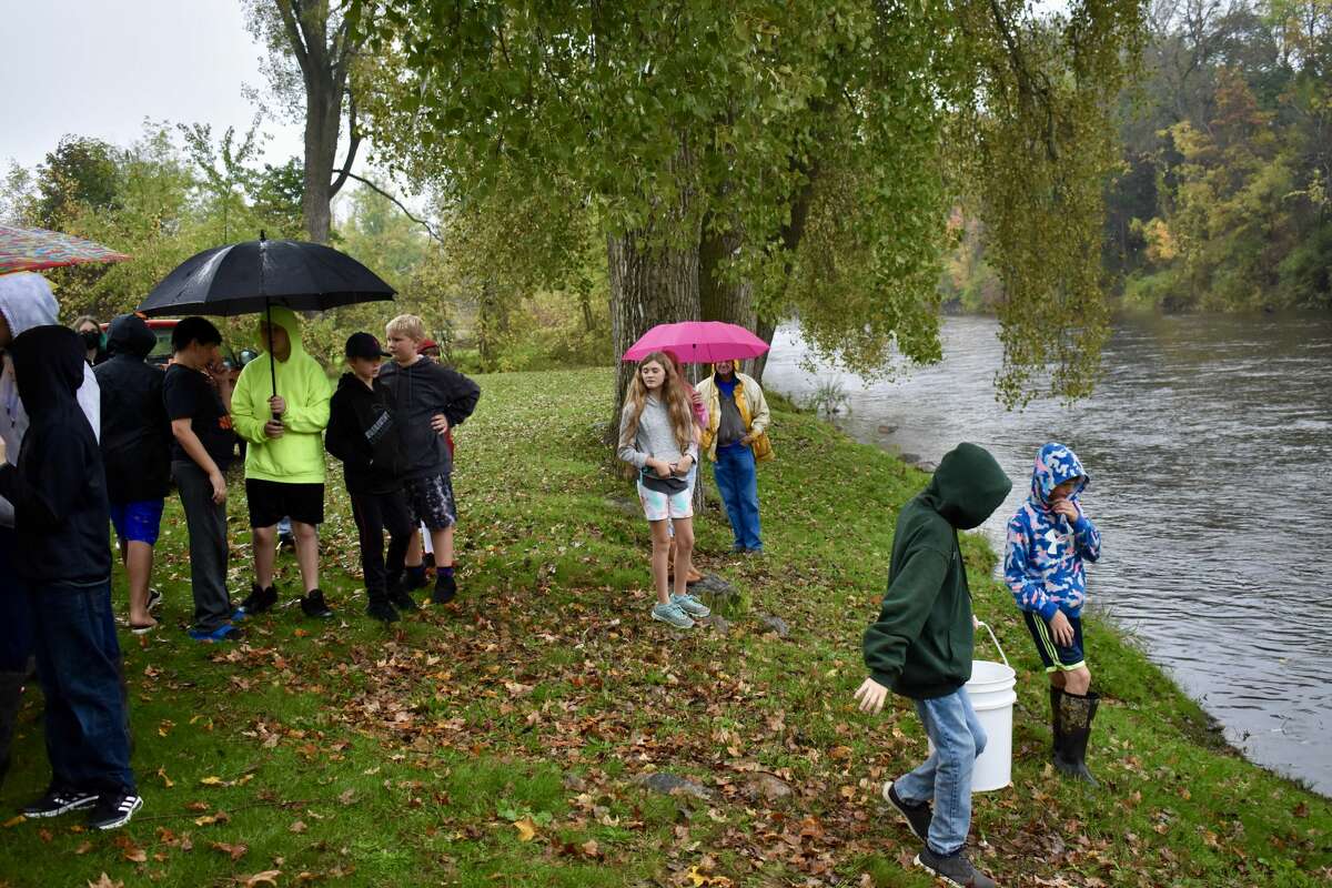 On Oct. 14, students from Big Rapids Middle School helped Harrietta Hills Trout Farm release young fish into the Muskegon River using buckets.