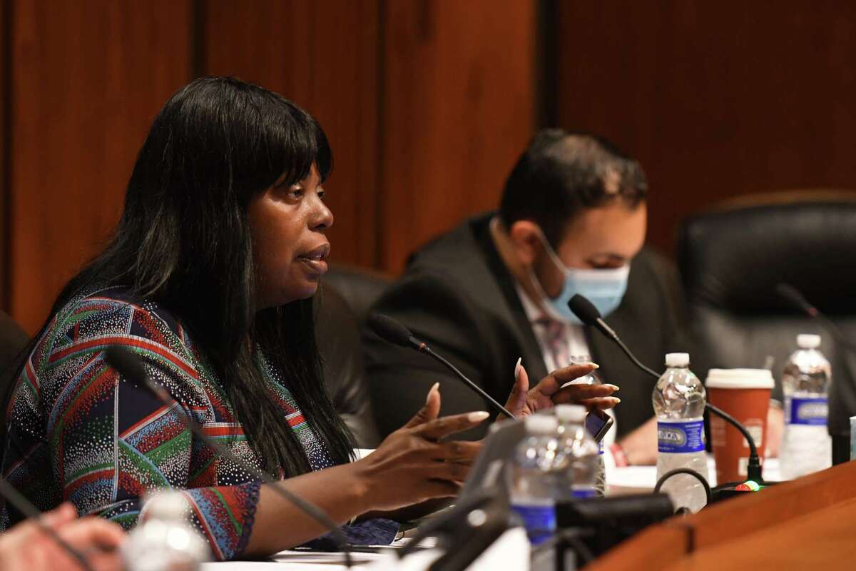 Assembly member Latrice Walker questions law enforcement witnesses during an Assembly hearing on gun safety proposals and the status of the firearm ammunition sales database on Thursday, Oct. 14, 2021, at the Legislative Office Building in Albany, N.Y.