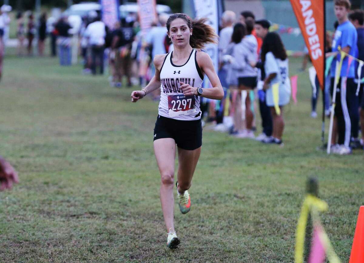 Churchill's Danielle Peck cruises to first place during the District 28-6A cross country championships at North East Sports Park on Thursday, Oct. 14, 2021.