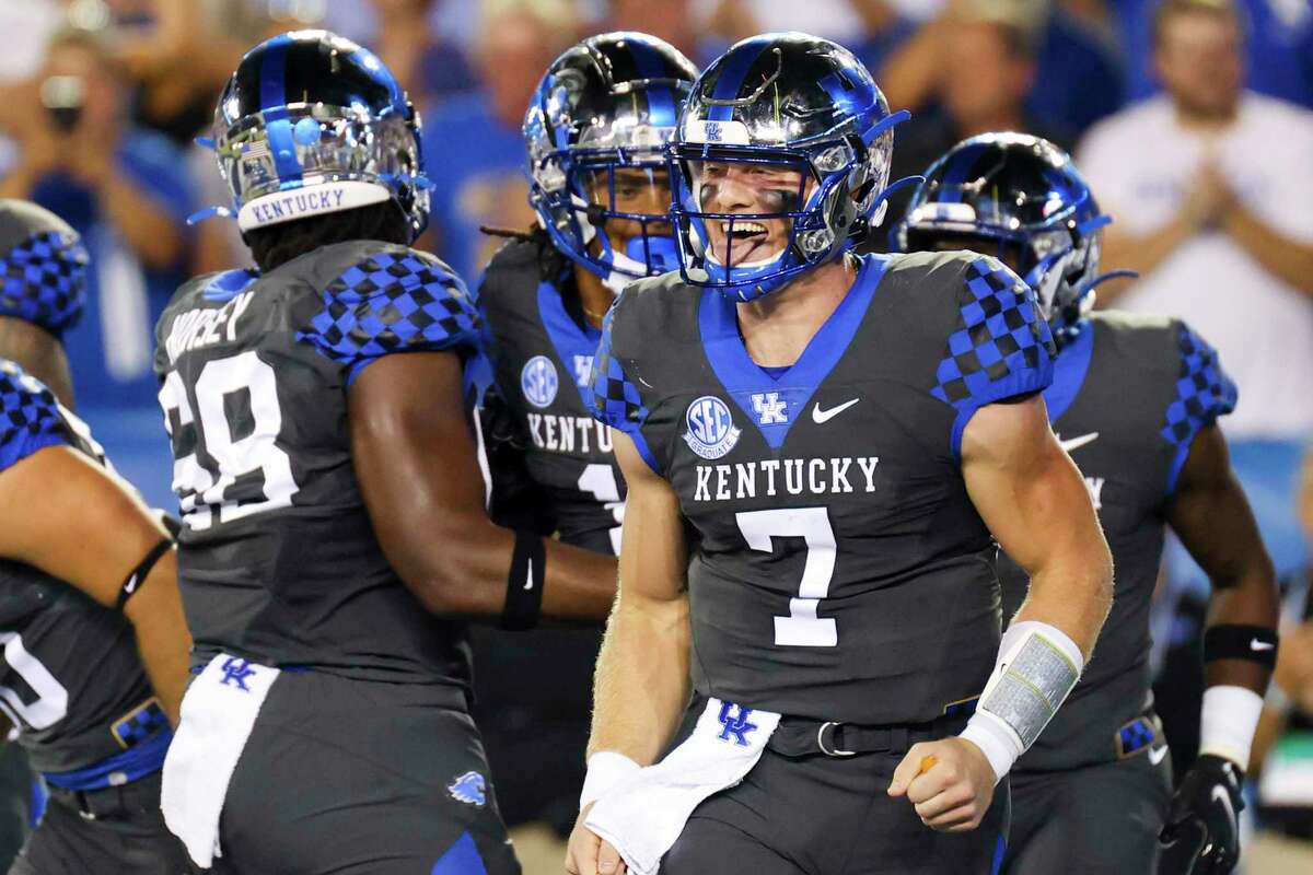 Kentucky quarterback Will Levis (7) celebrates a touchdown during the first half of the team's NCAA college football game against LSU in Lexington, Ky., Saturday, Oct. 9, 2021. (AP Photo/Michael Clubb)