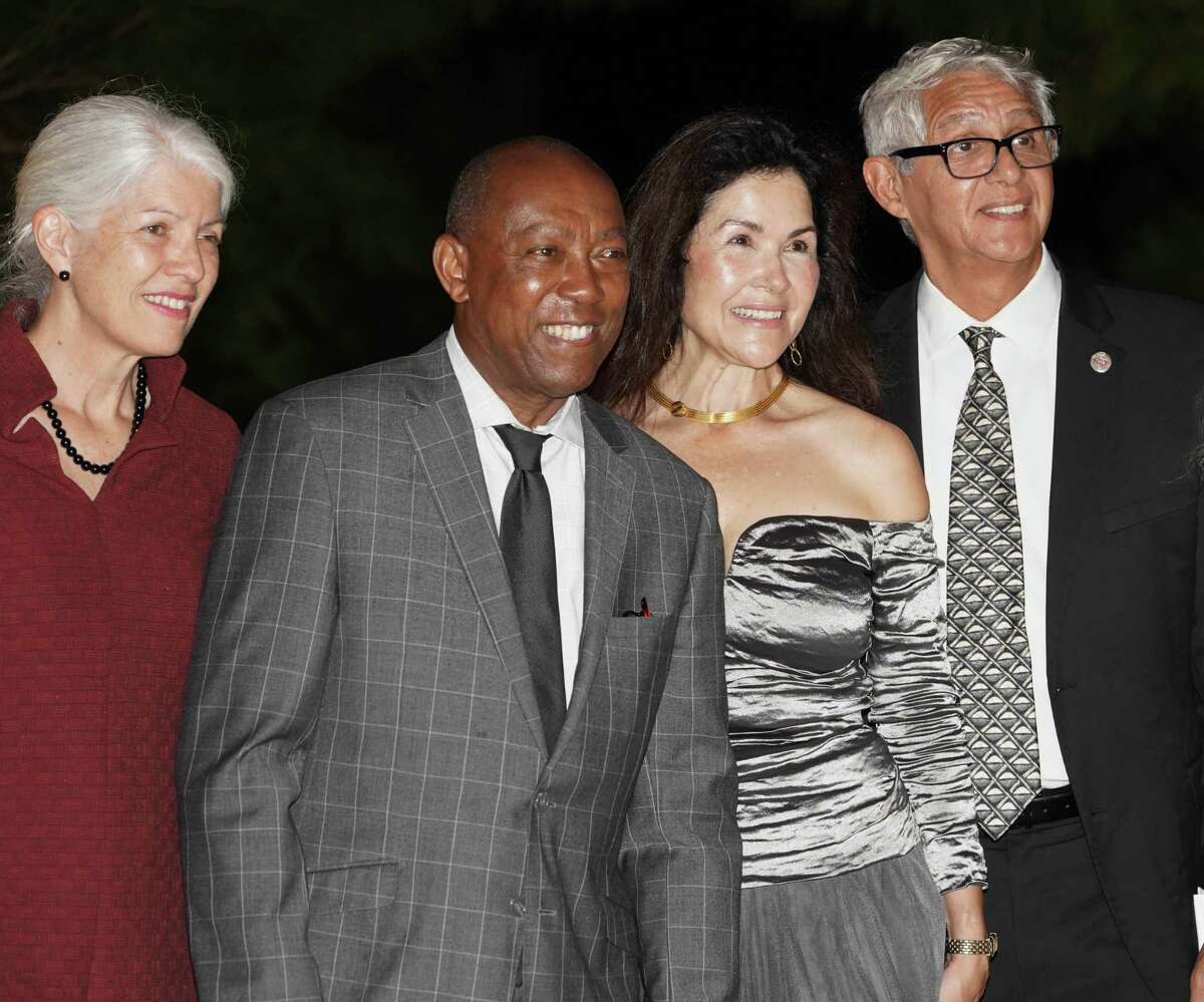From left, Houston City Council Member Karla Cisneros, Houston Mayor Sylvester Turner, ALMAAHH Chairwoman Geraldina Interiano Wise and Houston Councilman Robert Gallegos, at an event in the Houston Botanic Garden celebrating fundraising achievements for the creation of a Latino cultural art complex in Houston, on October 12, 2021. ALMAAHH stands for Advocates for a Latino Museum of Cultural and Visual Arts & Archive Complex in Houston, Harris County, a nonprofit foundation created by Latinos to shepherd the project.