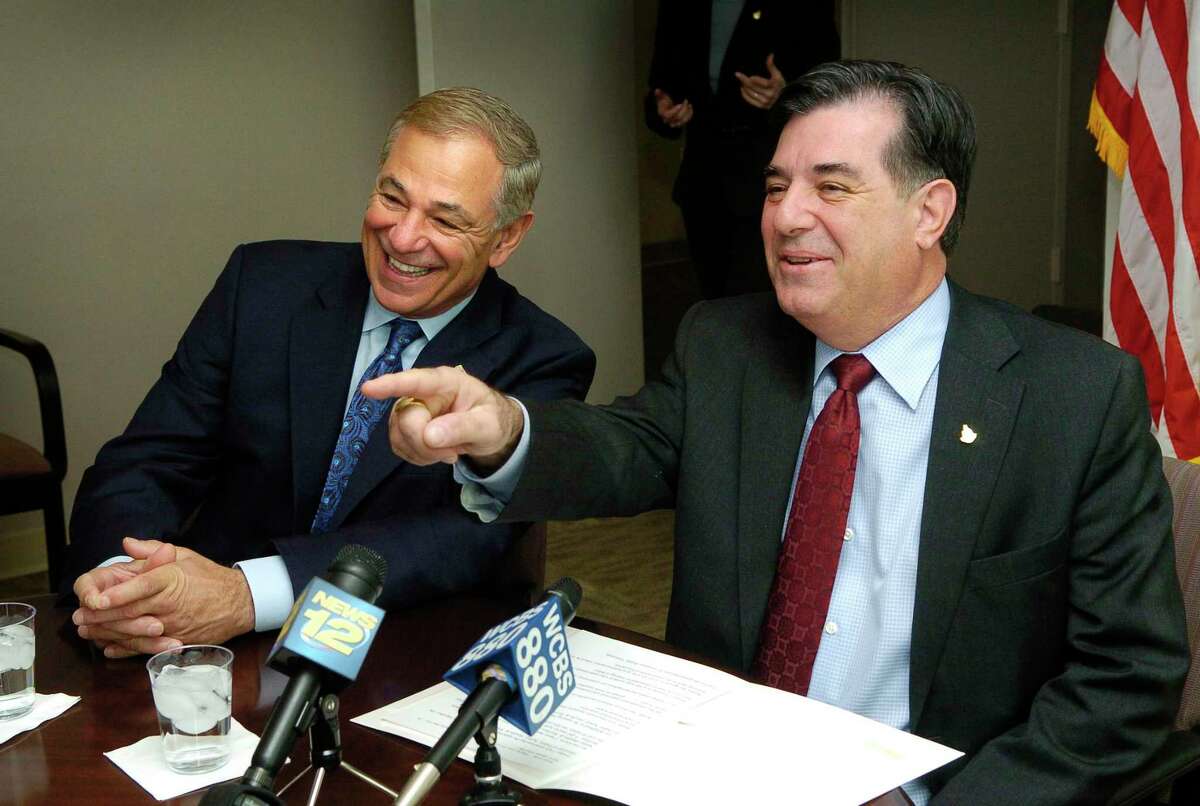 Then-Mayor Michael Pavia, right, names Bobby Valentine as the city’s director of public safety at the Stamford Government Center in 2011.