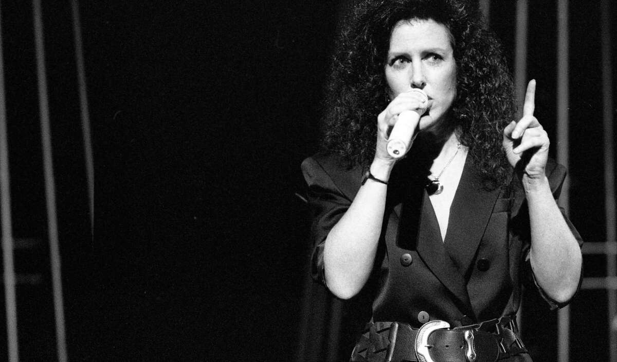 Grace Slick, singer for the popular San Francisco band Jefferson Airplane, sings at a September 1989 reunion show at the Greek Theatre in Berkeley.