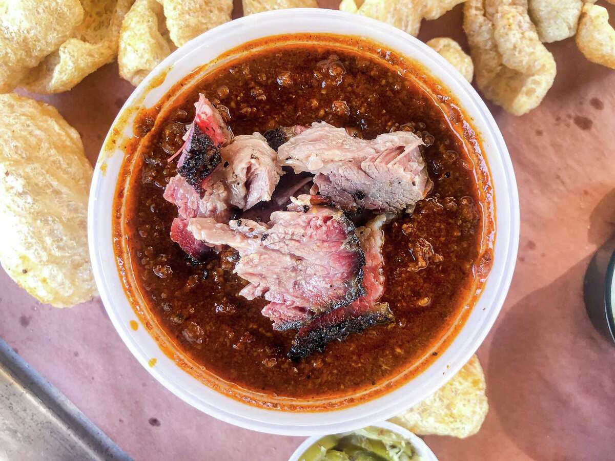 Texas red chili with a side of smoked brisket in the Pit Room