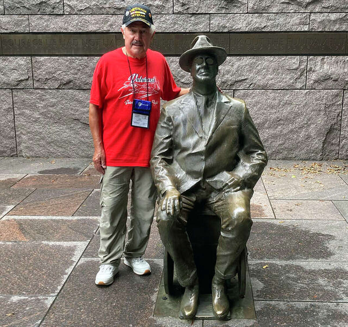Jim Mareing poses with a statue of FDR at the Franklin Delano Roosevelt Memorial in Washington, D.C.