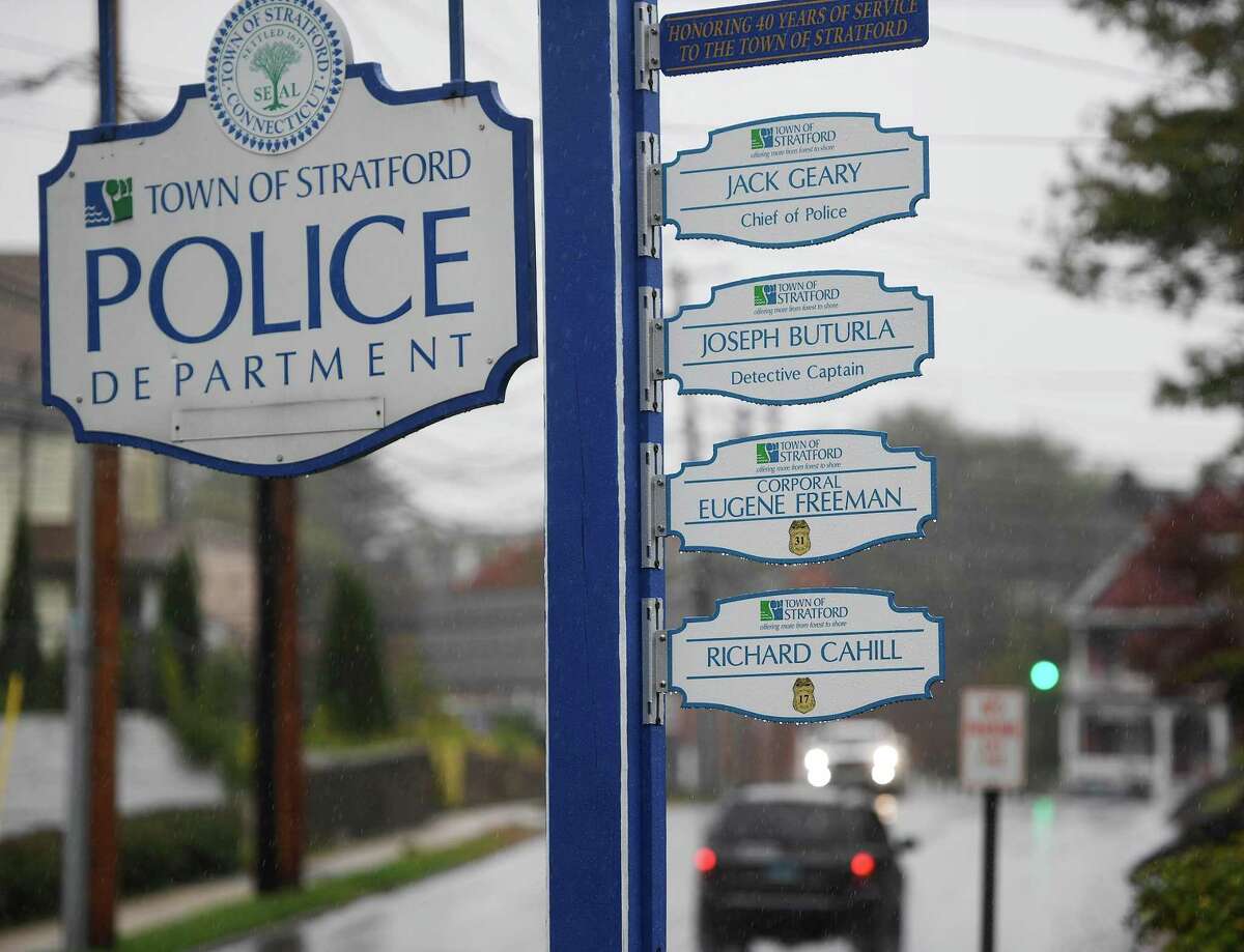 The entrance to the Stratford Police Department features plaques honoring the four officers to serve 40 or more years in Stratford, Conn. on Thursday, October 29, 2020.