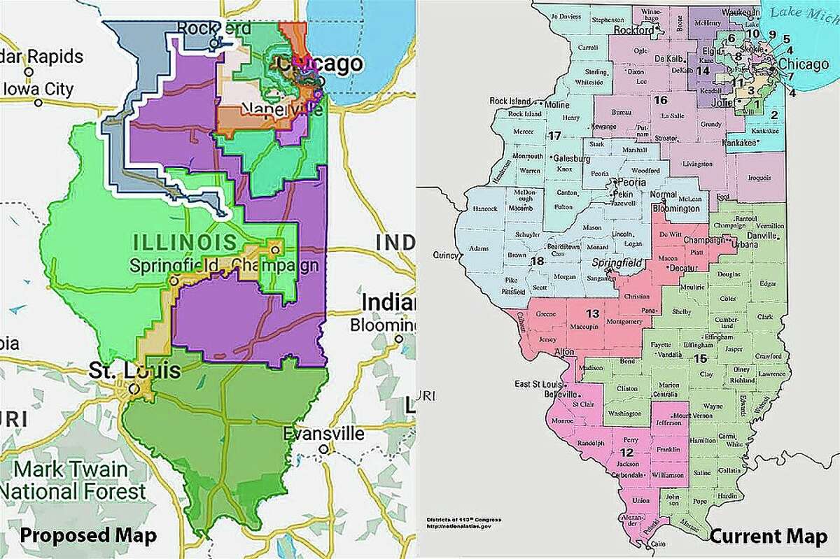 A proposed new congressional map for Illinois is compared to the existing map. Several changes have been made as Illinois loses one district because of population decline. 