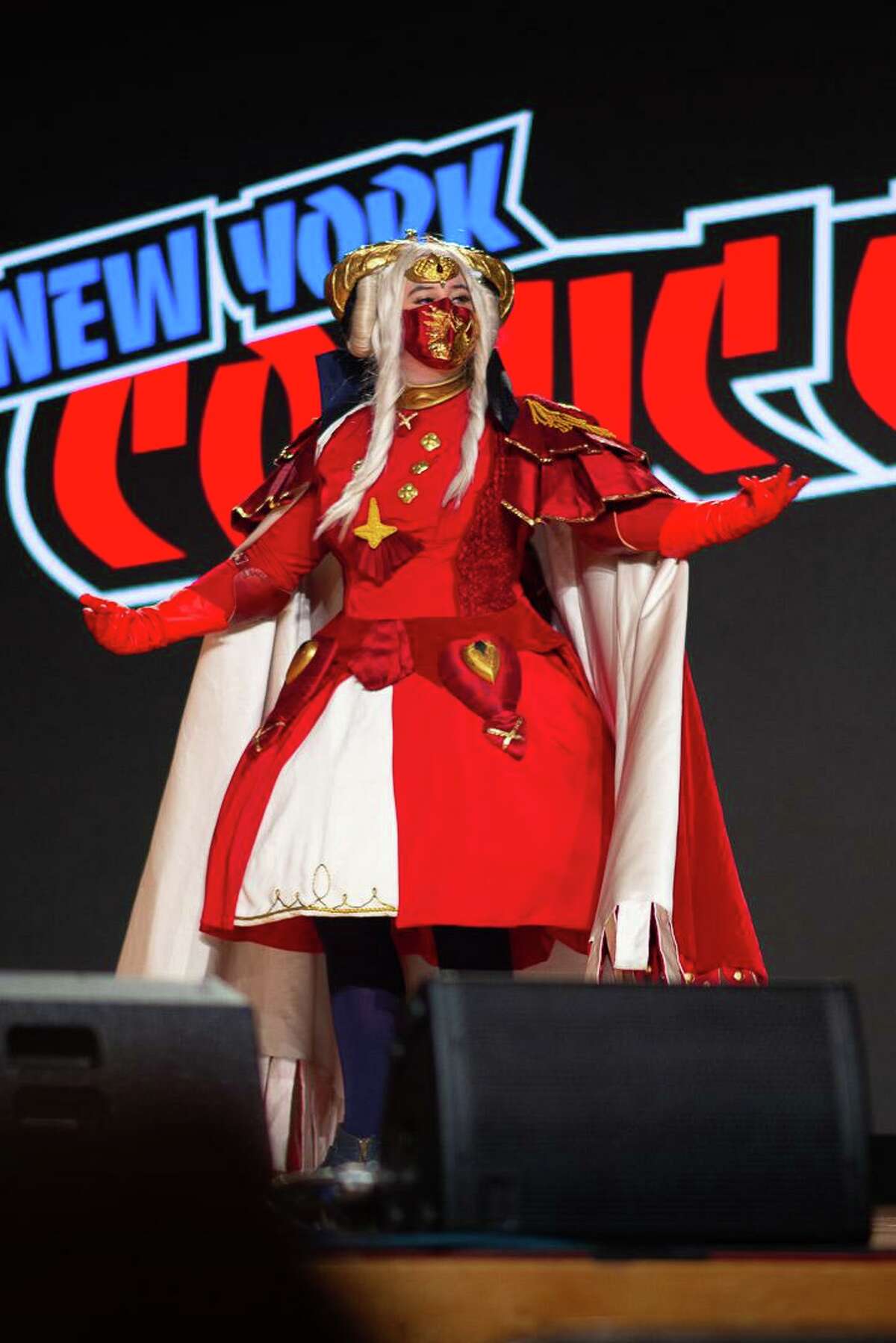 Irish Harvey walks the stage at the New York Comic Con Costume Central Championship of Cosplay, where she won third place for her portrayal of Edelgard from the video game Fire Emblem: Three Houses on Saturday, Oct. 9, 2021.