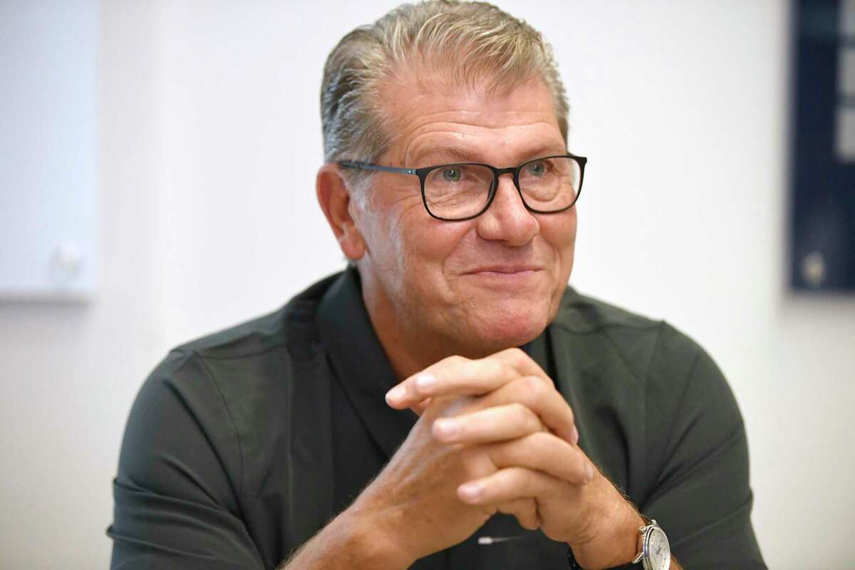 UConn coach Geno Auriemma meets with media before the men’s and women’s teams’ annual First Night celebration Oct. 15.