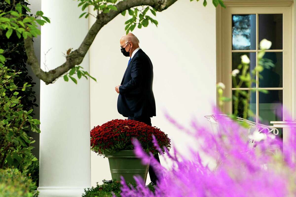 President Biden departs the West Wing to board Marine One on the South Lawn of the White House on Oct. 15 in Washington.