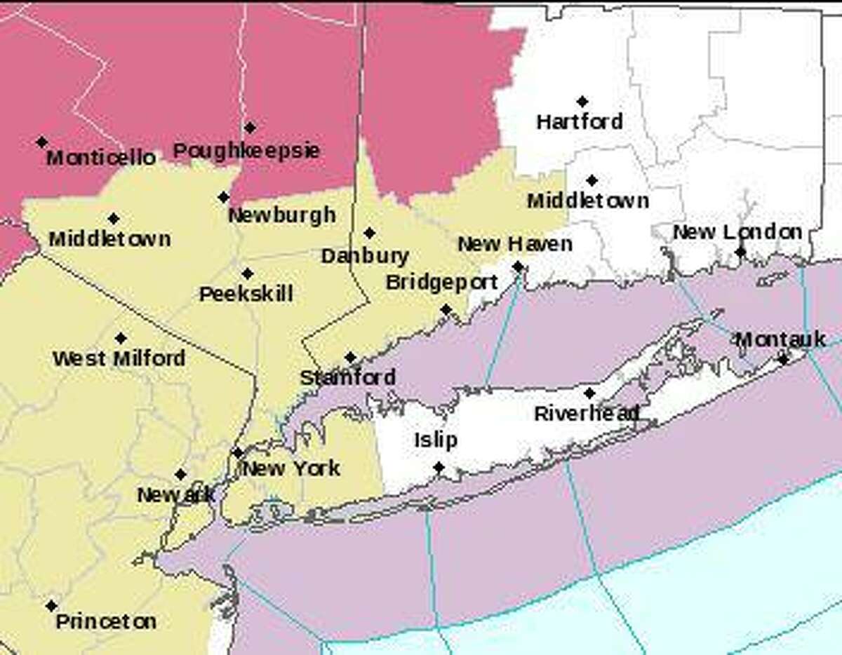 A severe thunderstorm watch, in red, was issued for Litchfield County, as well as parts of New York, Pennsylvania and Massachusetts. The locations in yellow could also experience hazardous weather.