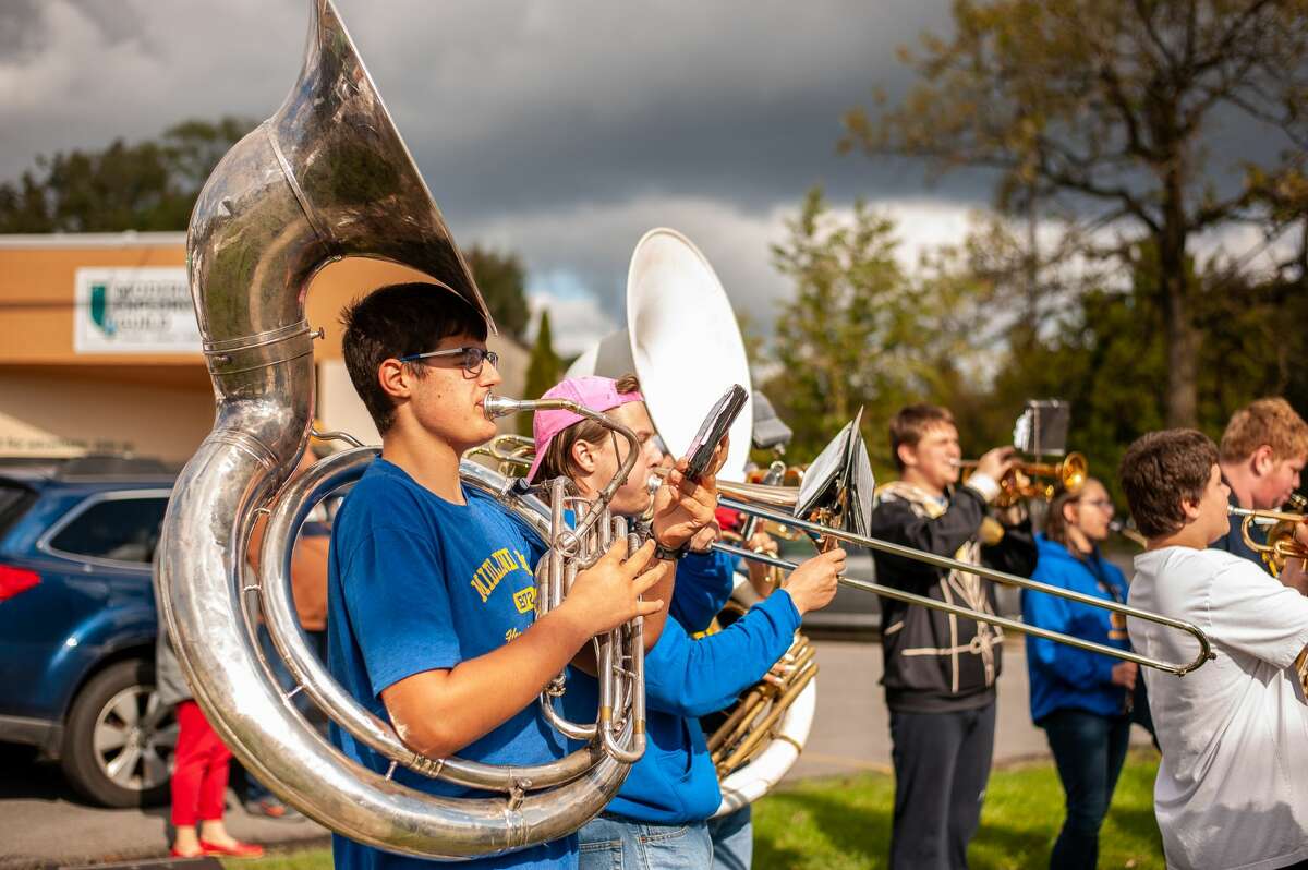 William Kanar, 16, of Midland High School plays a tuba for a fundraiser on Oct. 16, 2021 in the LaLonde's Market parking lot. The event also featured a food truck from Smokin’ Charlie's and raised money for the Midland High School music program.